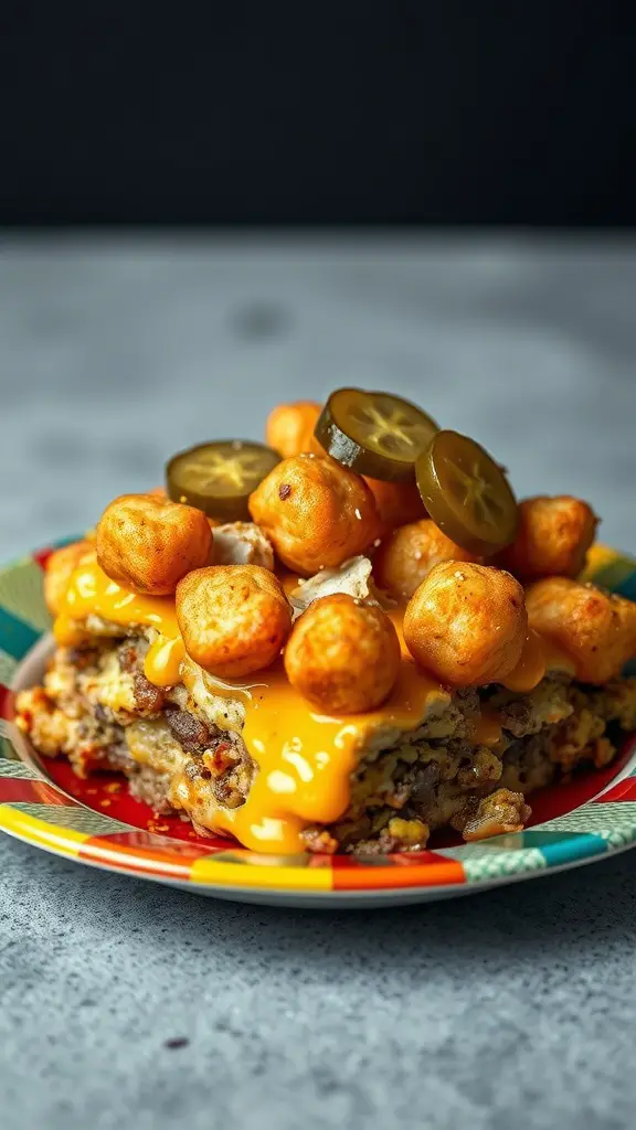 A delicious cheeseburger casserole topped with tater tots.