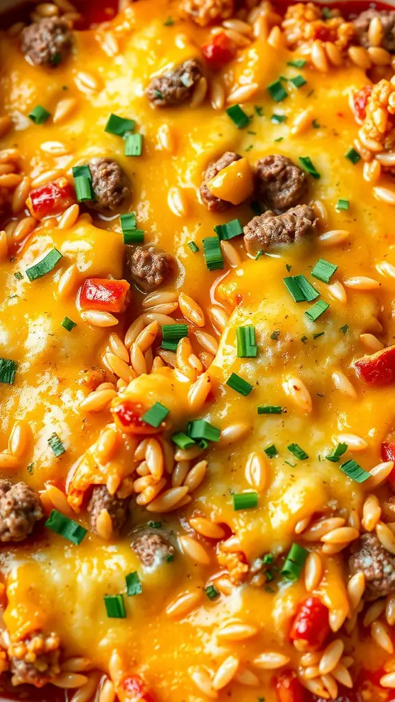 A close-up of a cheesy beef and rice casserole, topped with green onions and melted cheese.