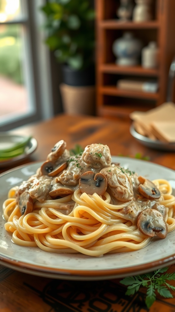 A plate of chicken and mushroom stroganoff served over noodles, garnished with parsley.