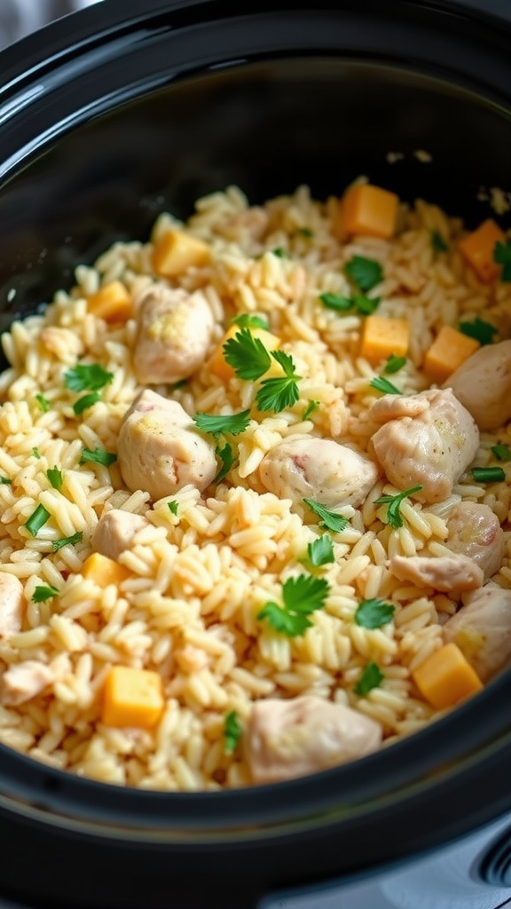A delicious chicken and rice casserole cooked in a crockpot, featuring tender chicken pieces and fluffy rice topped with parsley.