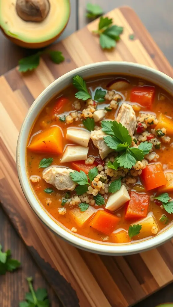 A bowl of chicken and vegetable quinoa soup garnished with parsley.