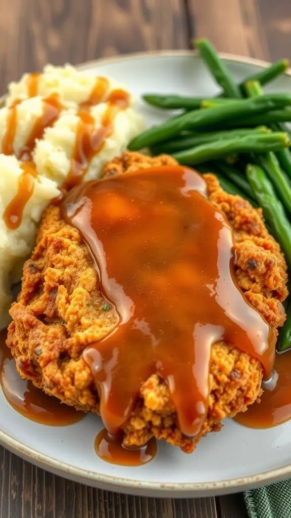 Plate of chicken fried steak smothered in gravy with sides of mashed potatoes and green beans.