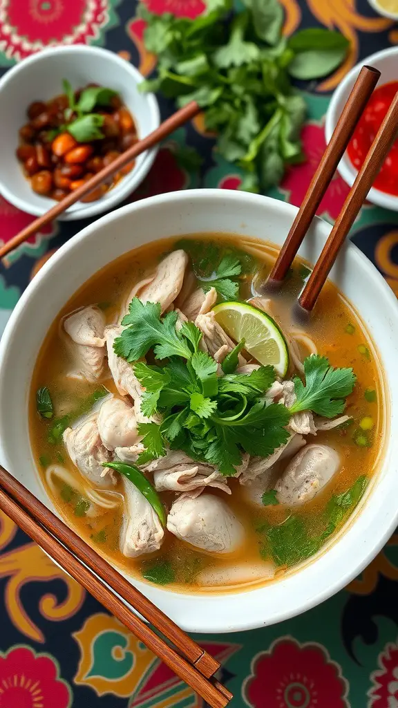 A bowl of Chicken Pho with fresh herbs, garnished with cilantro and lime.