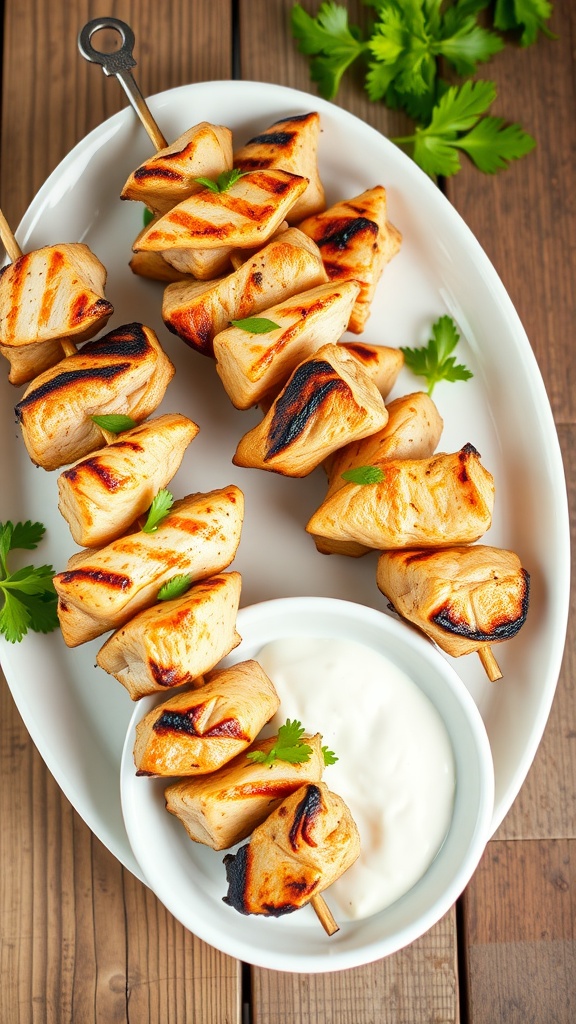 Delicious chicken souvlaki skewers served with tzatziki sauce