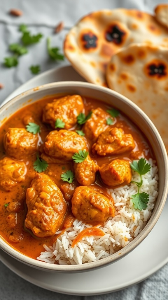 A bowl of Chicken Tikka Masala served with rice and naan.