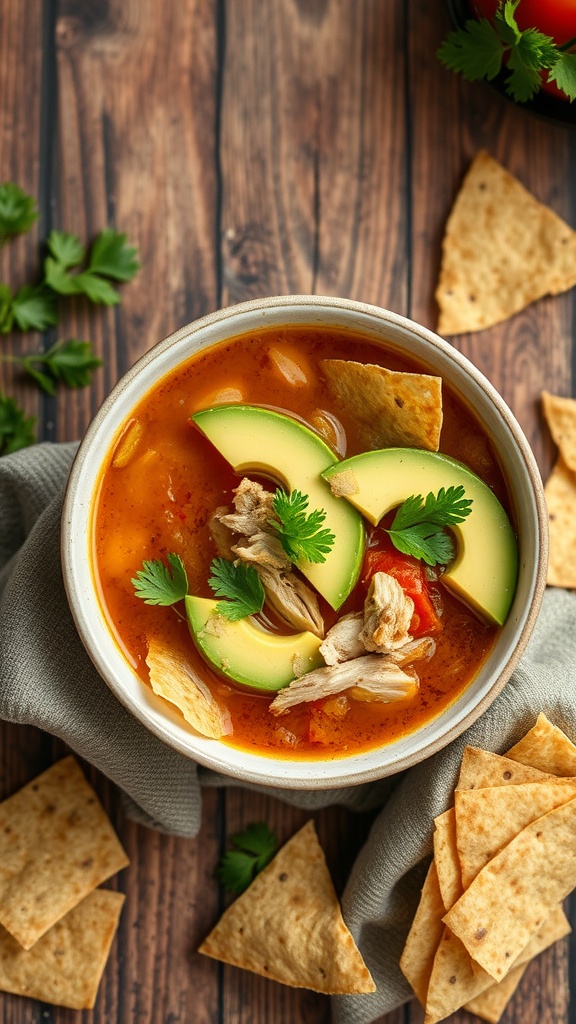 A bowl of chicken tortilla soup garnished with avocado, cilantro, and tortilla strips