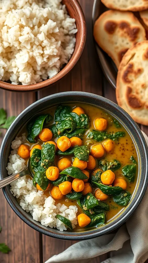 Chickpea and Spinach Curry served with rice and naan.