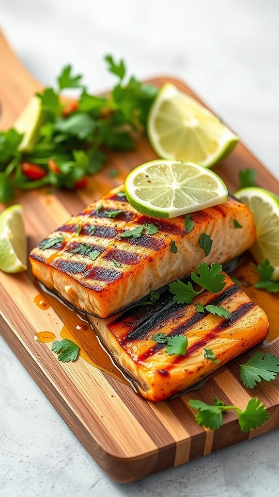 Grilled salmon fillets garnished with lime and cilantro.