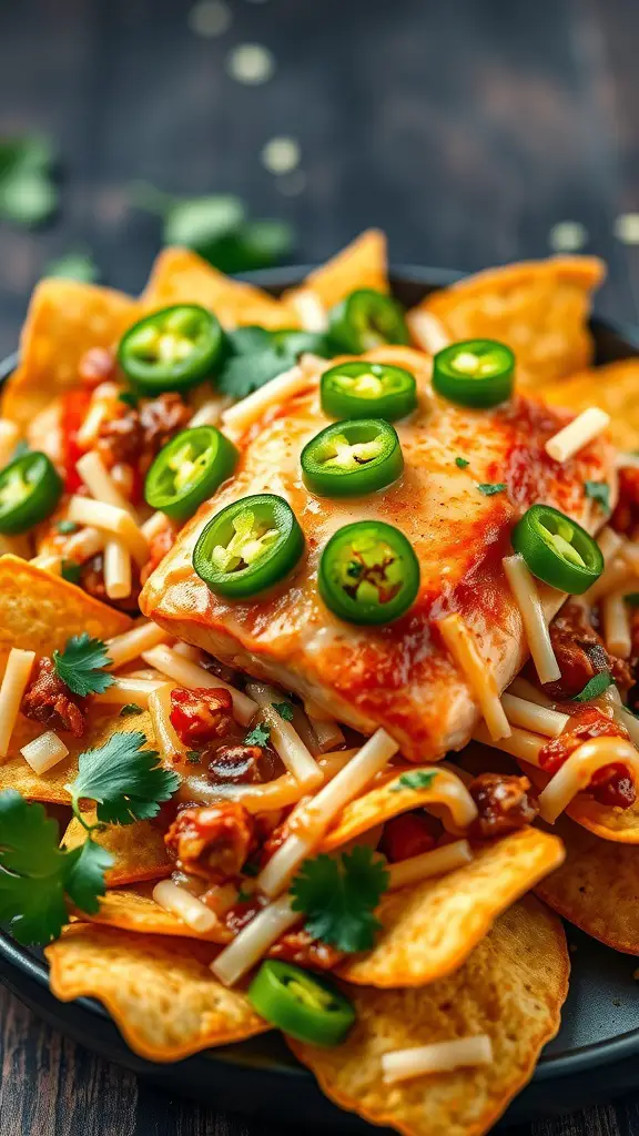 Plate of chili lime salmon nachos topped with cheese, jalapeños, and cilantro.