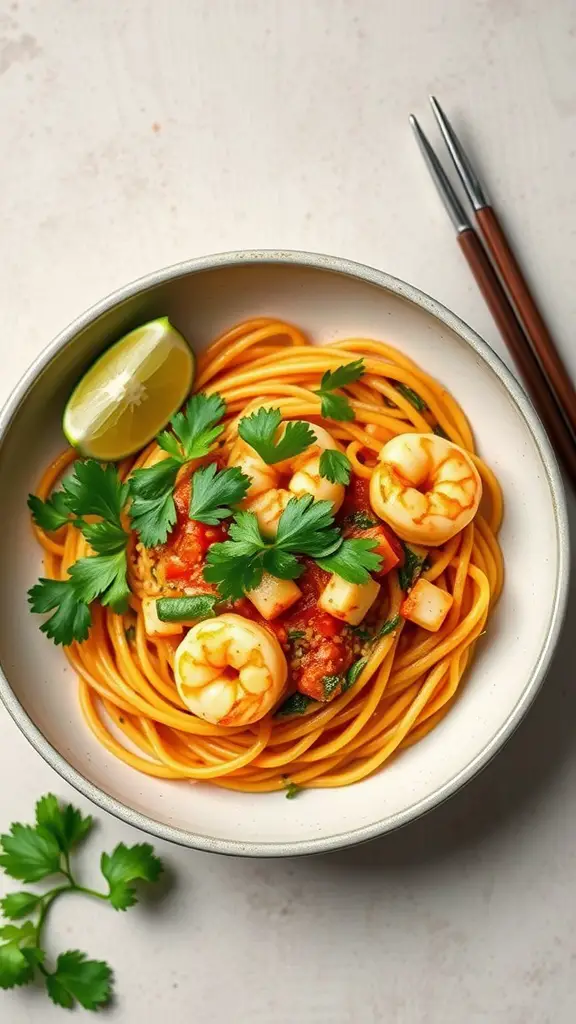 A bowl of Chili Lime Shrimp Spaghetti garnished with cilantro and lime.