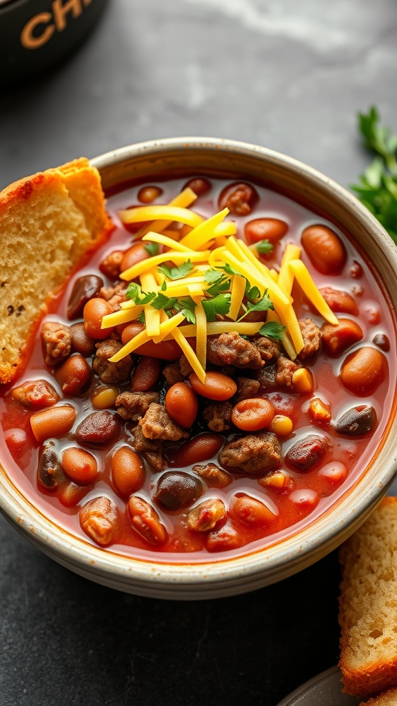 A bowl of chili with beans, topped with cheese and herbs, accompanied by cornbread.