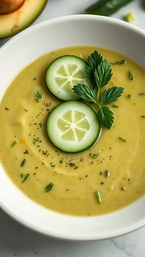 A bowl of chilled avocado and cucumber soup garnished with herbs and cucumber slices.
