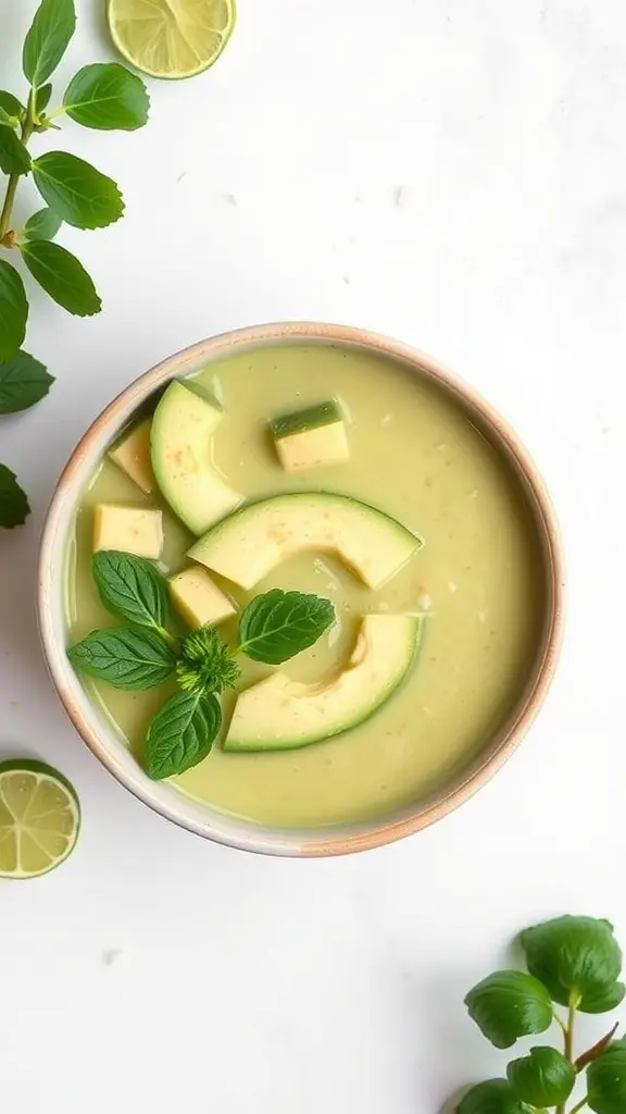 Chilled avocado and lime soup served in a bowl with garnishes