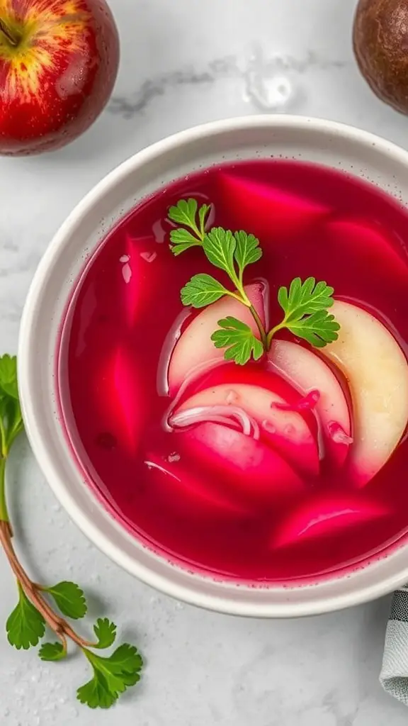 Chilled beet and apple soup garnished with apple slices and herbs.