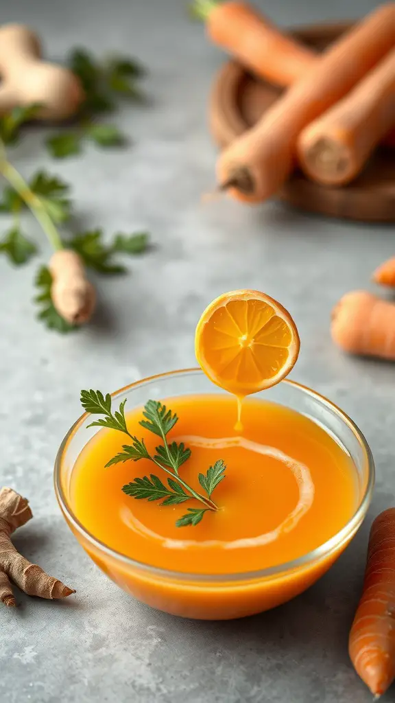 A bowl of chilled carrot and ginger soup garnished with a lemon wedge and herbs.