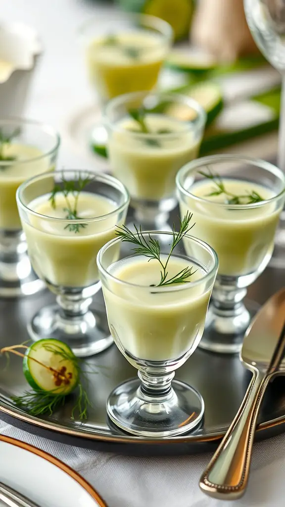 Chilled cucumber soup shots served in clear glasses with fresh dill.