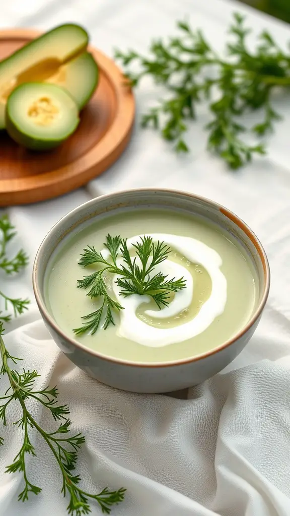 A bowl of chilled cucumber soup garnished with dill and yogurt.