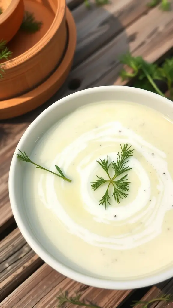 Creamy cucumber yogurt soup garnished with herbs