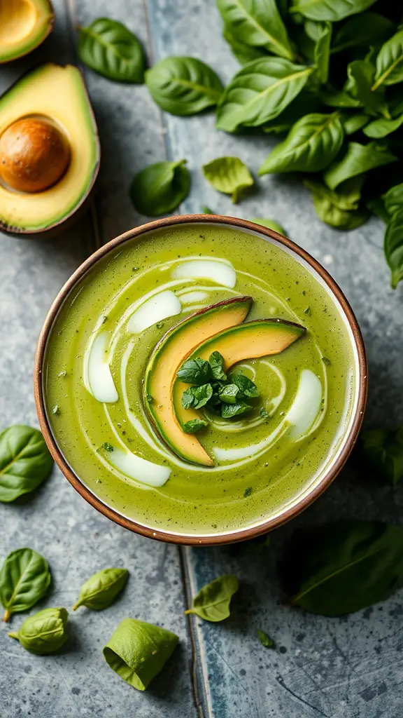 A bowl of chilled spinach and avocado soup garnished with herbs.