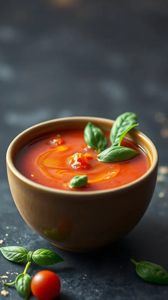 A bowl of chilled tomato basil soup with fresh basil leaves on top.