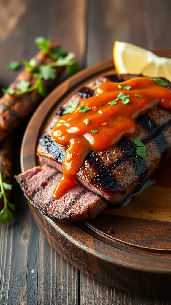 Grilled sirloin steak topped with chimichurri sauce