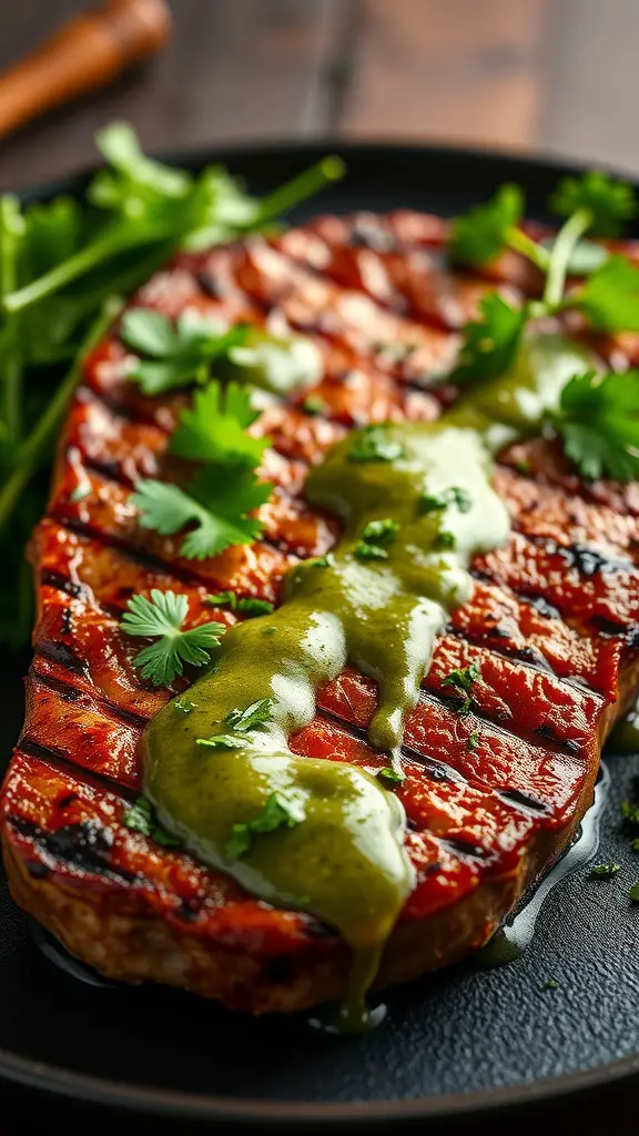 Grilled T-bone steak with chimichurri sauce and fresh herbs