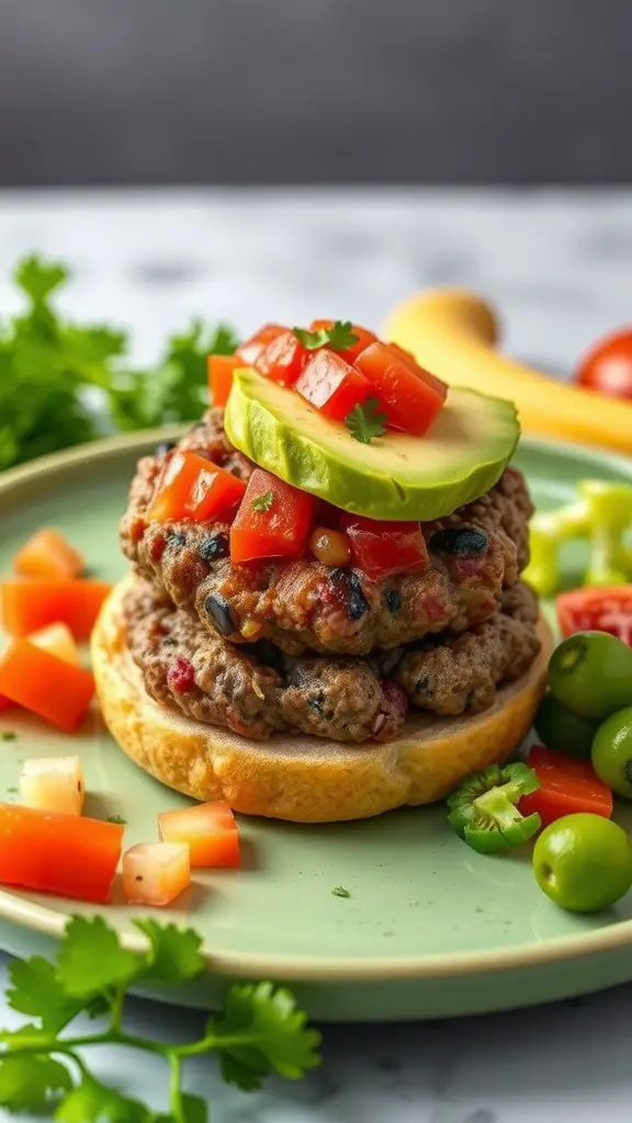 A close-up of a Chipotle Black Bean Burger with toppings and sides.