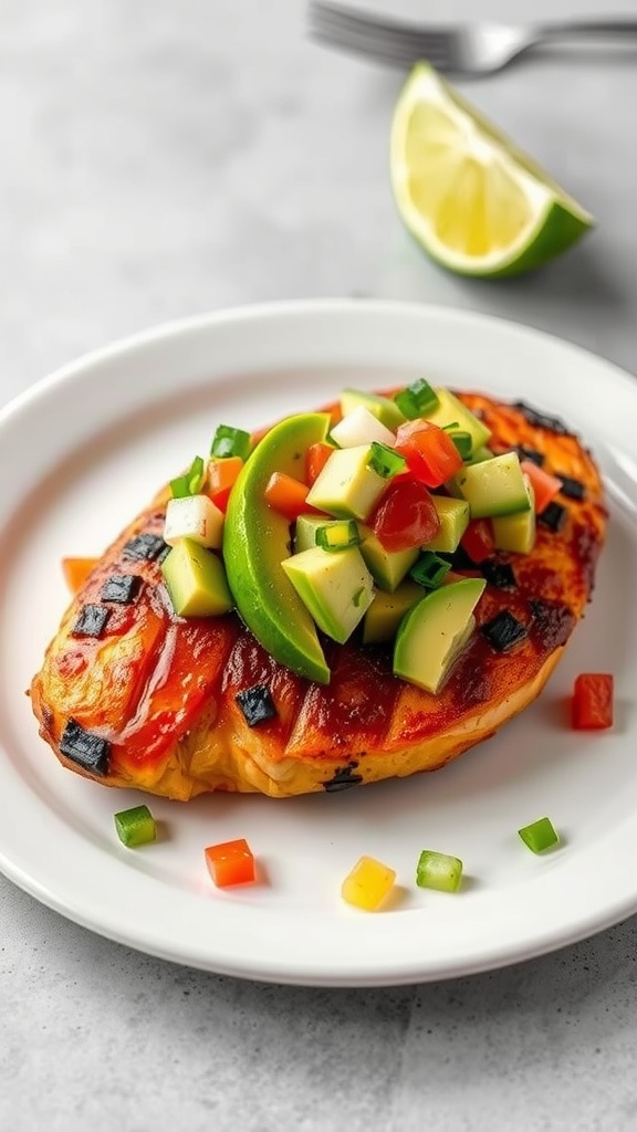 A delicious plate of Chipotle Lime Chicken topped with fresh avocado salsa.