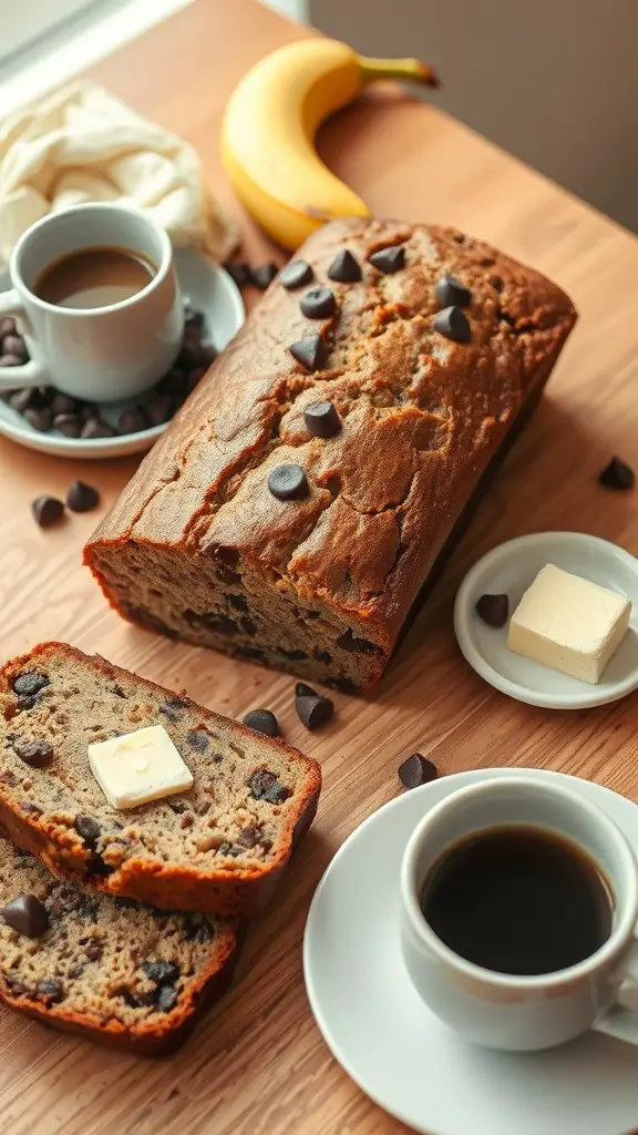 A delicious loaf of chocolate chip banana bread with slices, butter on top, and coffee on the side.