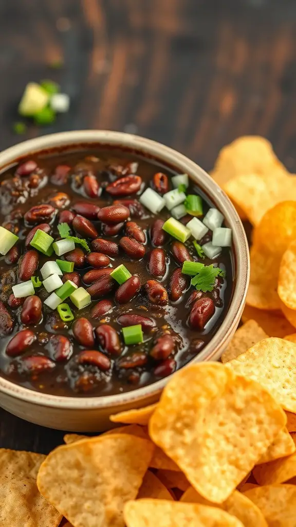 A bowl of chunky black bean dip with tortilla chips