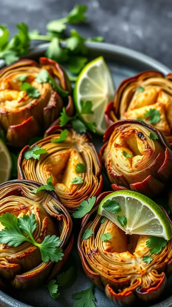 Grilled artichokes with cilantro and lime garnished with fresh herbs