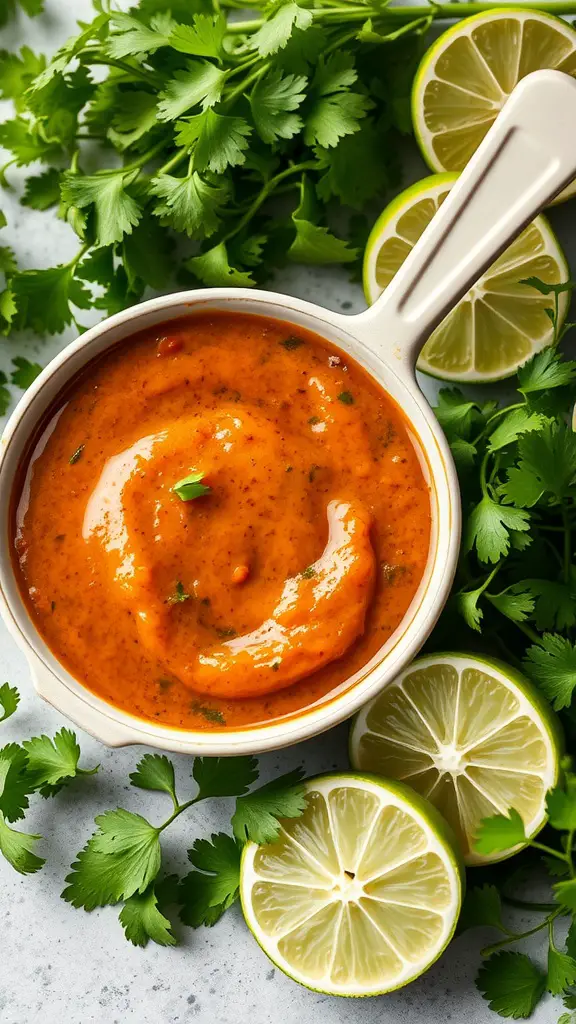 A bowl of cilantro lime barbecue sauce surrounded by fresh cilantro and lime slices.