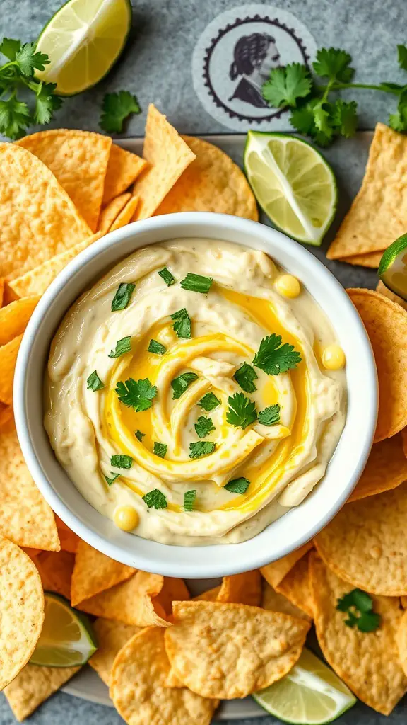 A bowl of Cilantro Lime Corn Dip with tortilla chips and lime wedges on a table.