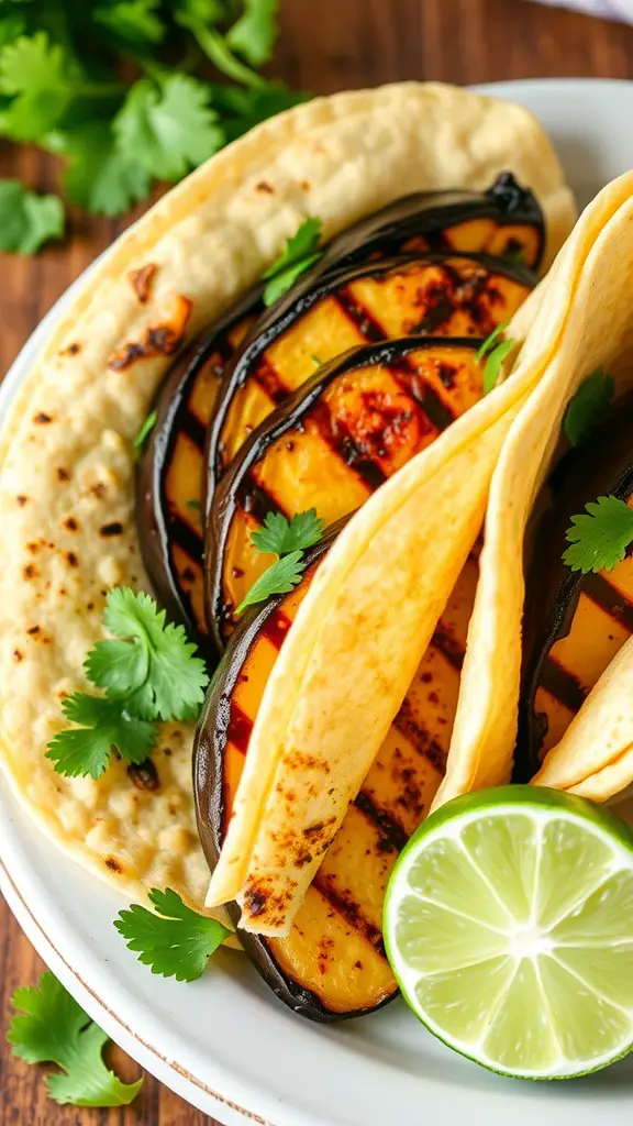 Cilantro Lime Grilled Eggplant Tacos served with lime wedges