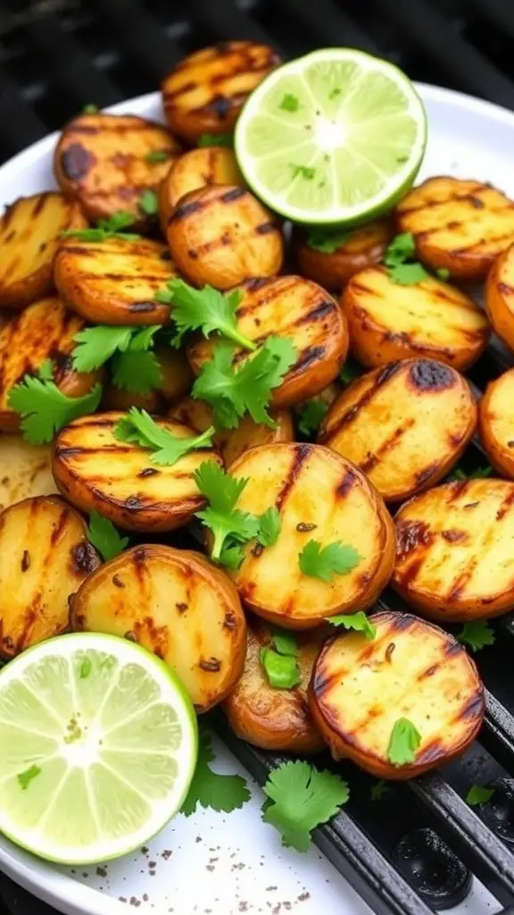 Grilled potatoes garnished with cilantro and lime