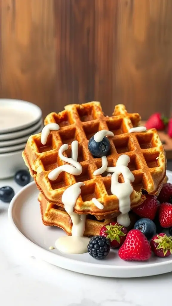 Cinnamon Roll Waffles with Cream Cheese Glaze served with fresh berries