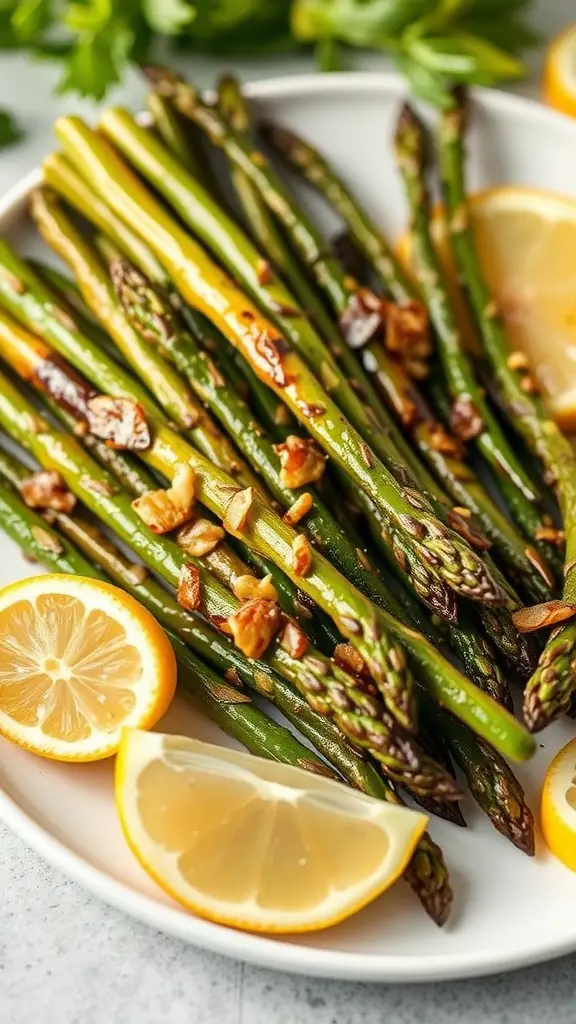 A plate of grilled asparagus garnished with lemon slices.