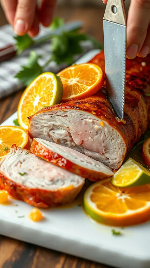 Citrus marinated pork loin sliced with orange and lime garnishes