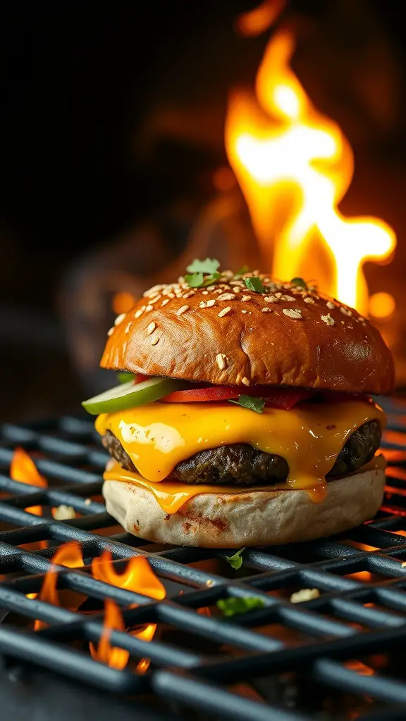 A juicy cheeseburger with melted cheese, lettuce, and tomato on a sesame seed bun, grilling over flames.
