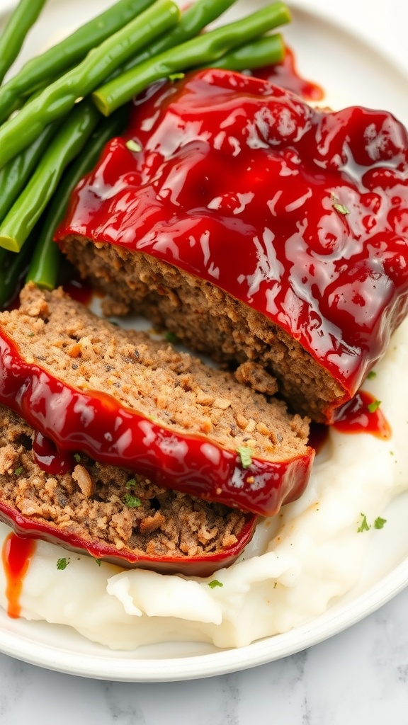 A plate of classic BBQ beef meatloaf served with mashed potatoes and green beans.