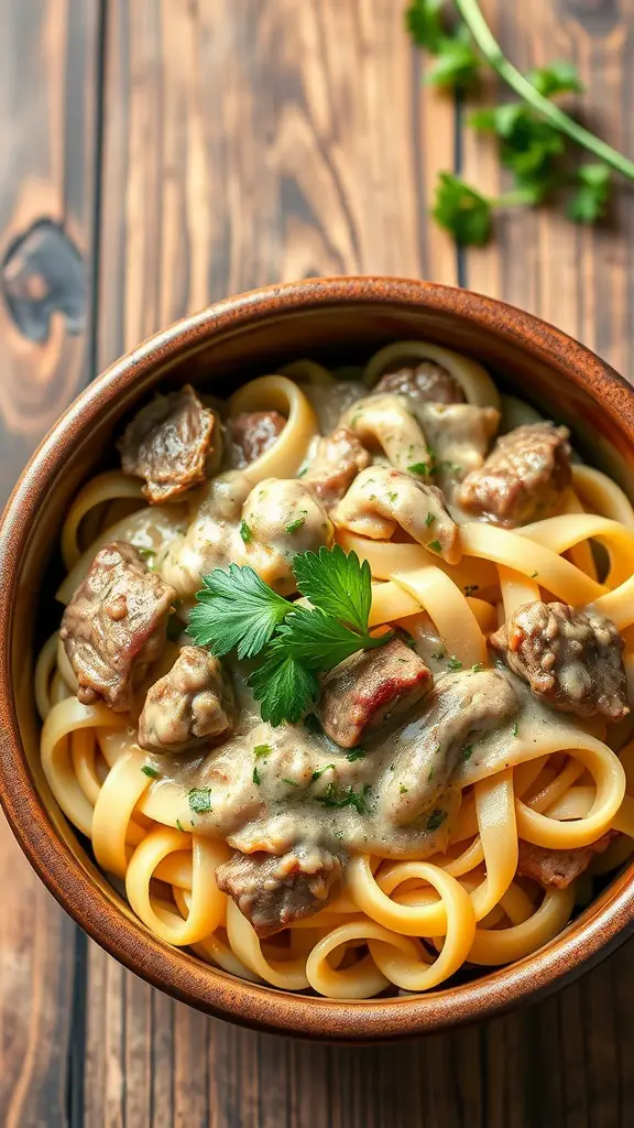 A bowl of creamy beef stroganoff served over egg noodles, garnished with parsley.