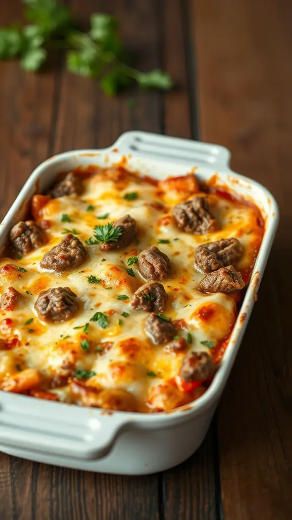 A delicious beefy cheesy casserole topped with melted cheese and garnished with parsley.