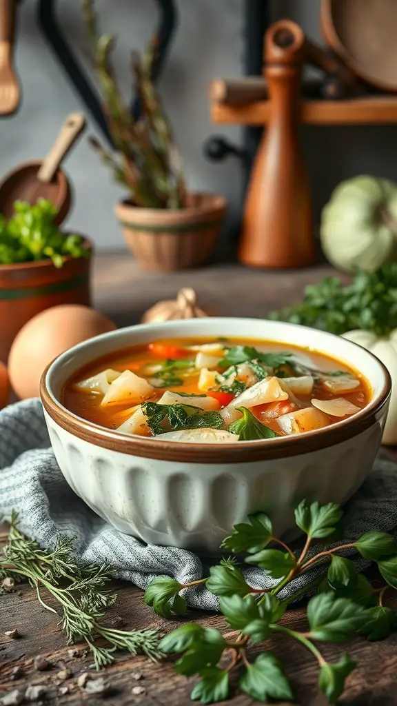A bowl of classic cabbage and vegetable soup garnished with fresh parsley.