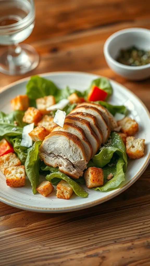 Classic Caesar Salad with grilled chicken, romaine lettuce, croutons, and parmesan cheese.