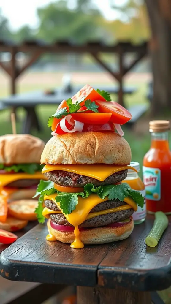 A juicy classic cheeseburger with layers of cheese, lettuce, and tomato stacked high.