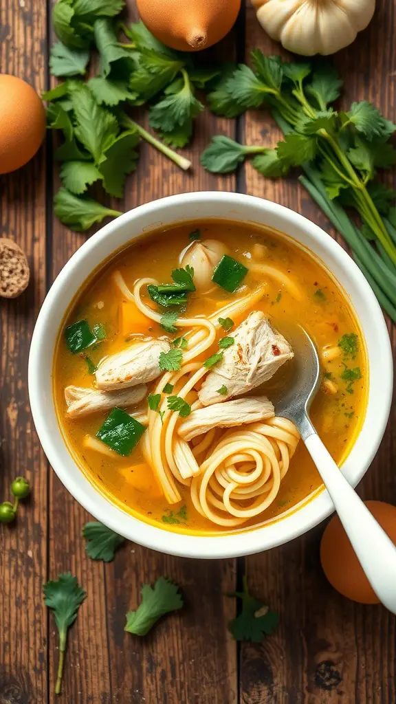 A bowl of classic chicken noodle soup with chicken, noodles, and vegetables garnished with parsley.