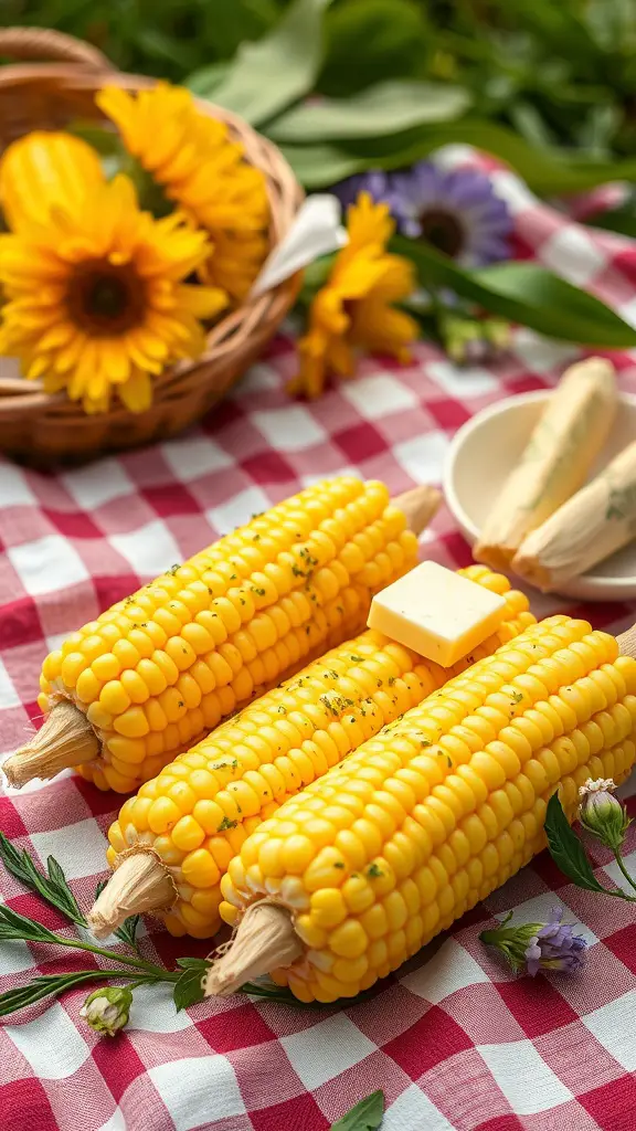 Fresh corn on the cob with herb butter on a picnic table