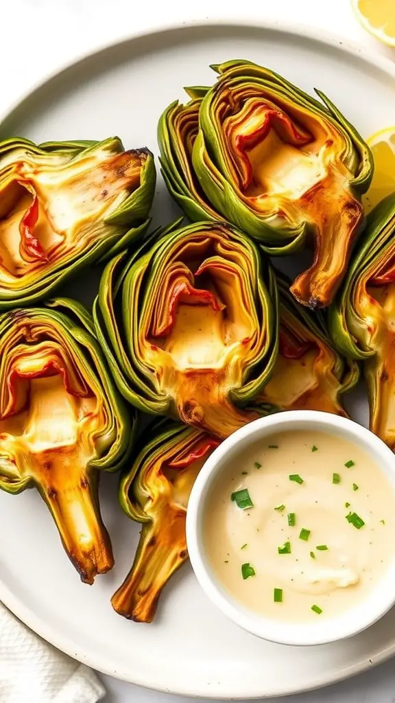 Grilled artichokes served with a lemon-garlic dip