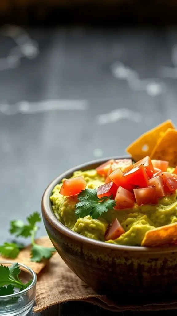 Bowl of classic guacamole topped with diced tomatoes and cilantro, served with tortilla chips.