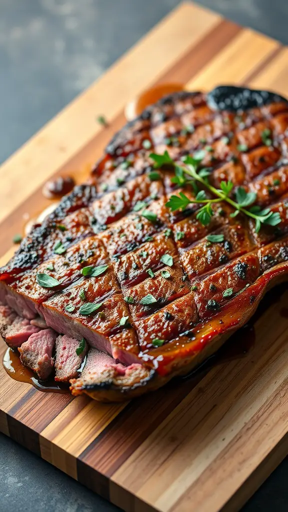 A perfectly grilled flank steak garnished with herbs, served on a wooden cutting board.